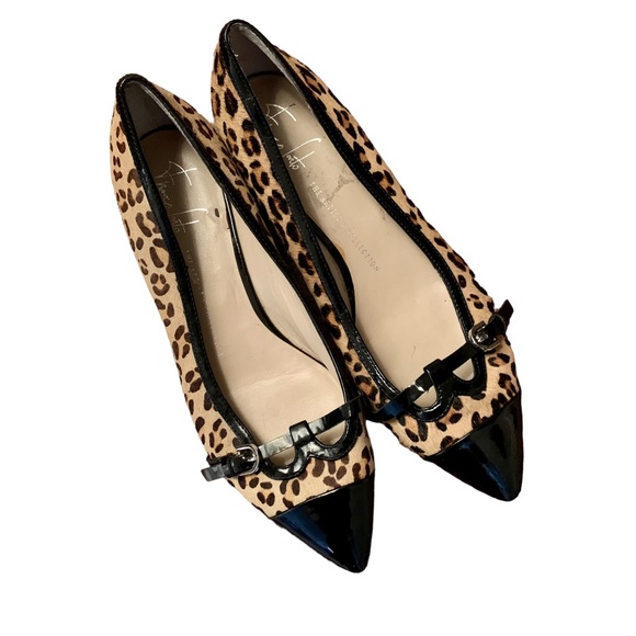 Franco Sarto Shoes - Franco Sarto Leopard Calf Fur Black Patent Mobwife Point Toe Low Wedge Shoe 7.5